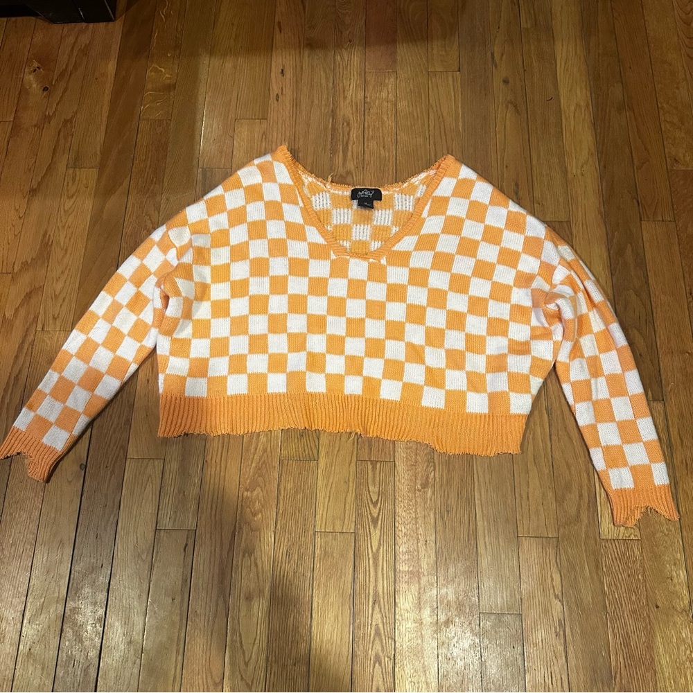Just Polly Sweater Womens Med Orange Check‎ Slouchy CropTop Scallop Fringe Trim